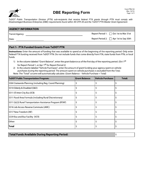 Form PTN-134 Dbe Reporting Form - Texas