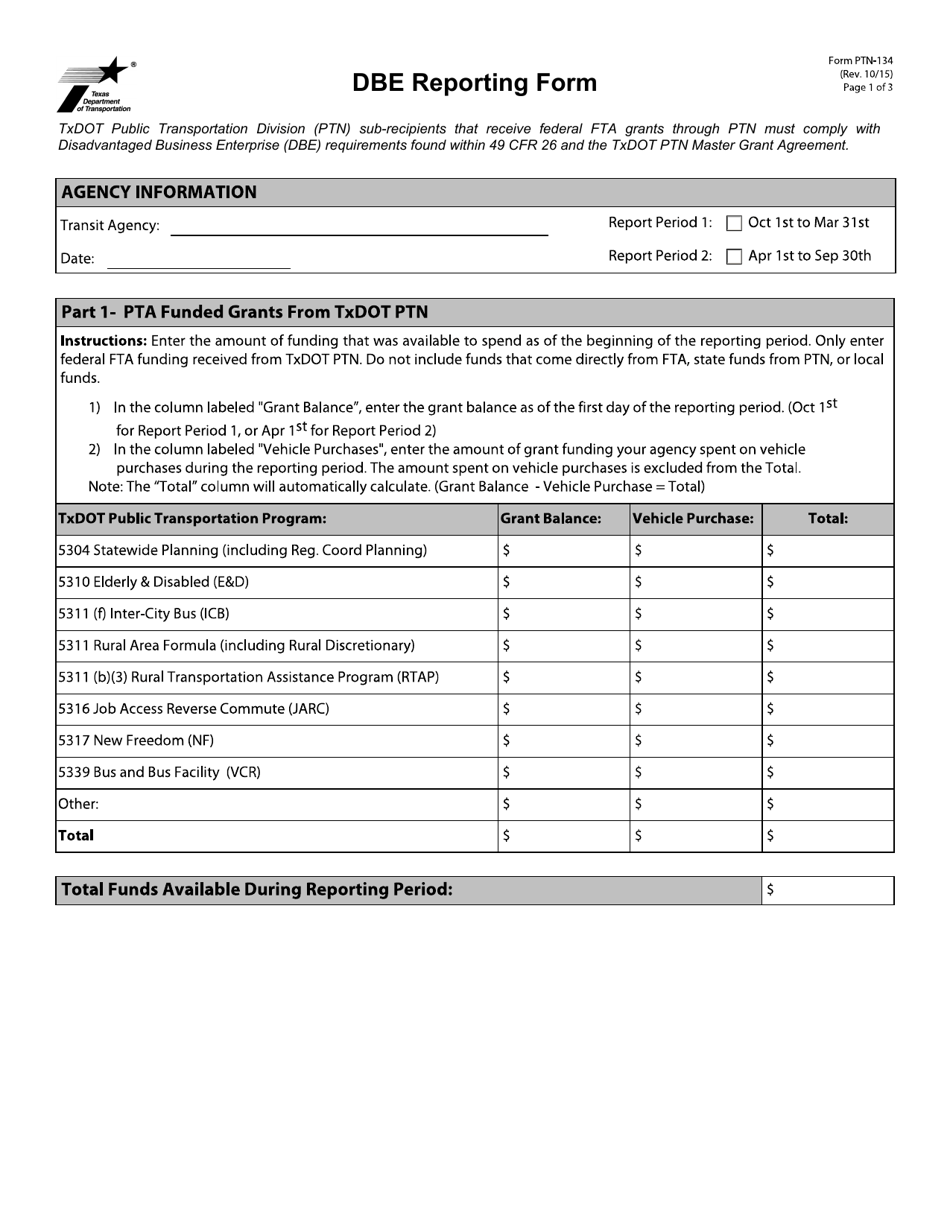 Form PTN-134 Dbe Reporting Form - Texas, Page 1