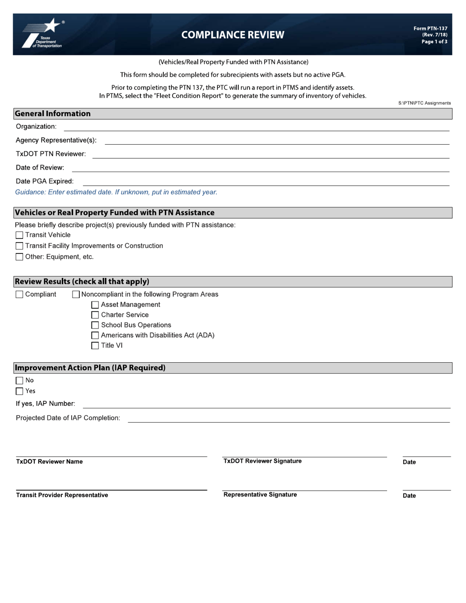Form PTN-137 Compliance Review Form - Texas, Page 1