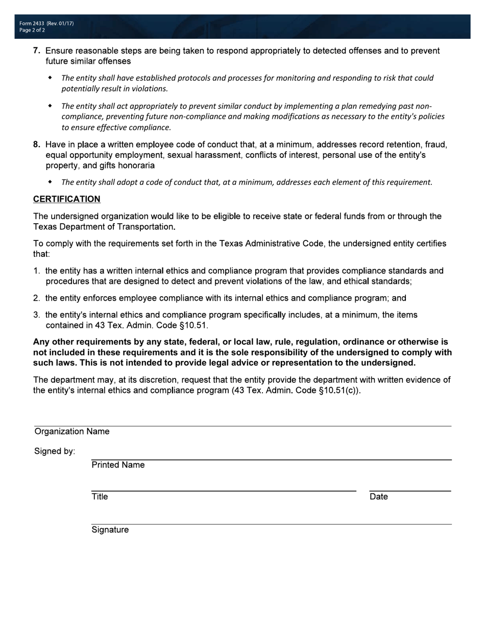 Form 2433 Internal Compliance Program Certification - Texas, Page 2