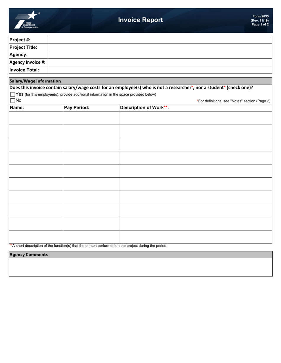 Form 2635 Research Invoice Report - Texas, Page 1