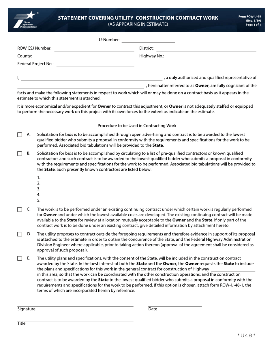 Form ROW-U-48 Statement Covering Utility Construction Contract Work (As Appearing in Estimate) - Texas, Page 1