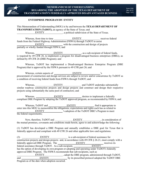 Form 2395 Memorandum of Understanding Regarding the Adoption of the Texas Department of Transportation's Federally-Approved Disadvantaged Business - Texas