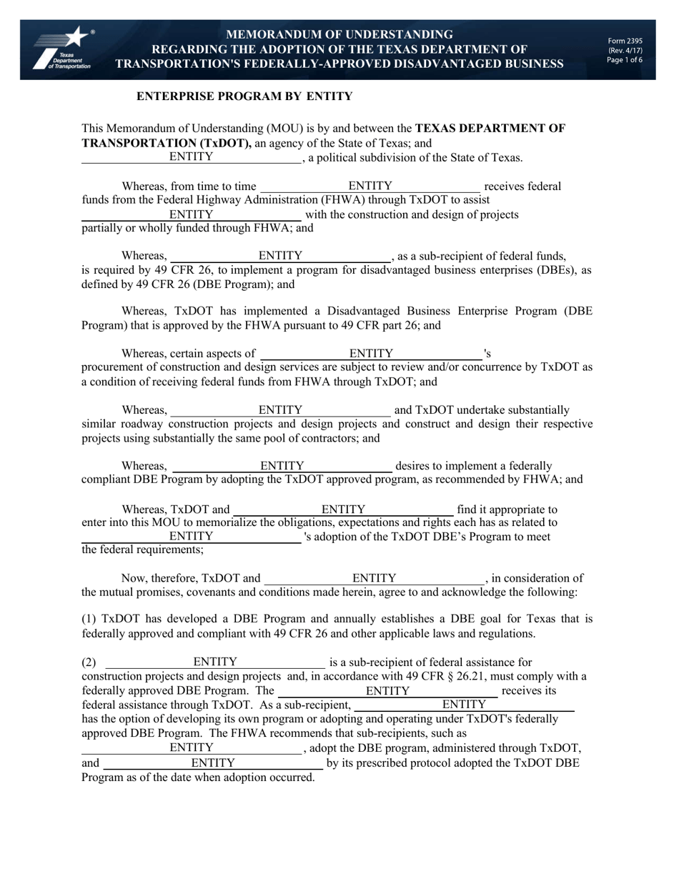Form 2395 Memorandum of Understanding Regarding the Adoption of the Texas Department of Transportations Federally-Approved Disadvantaged Business - Texas, Page 1