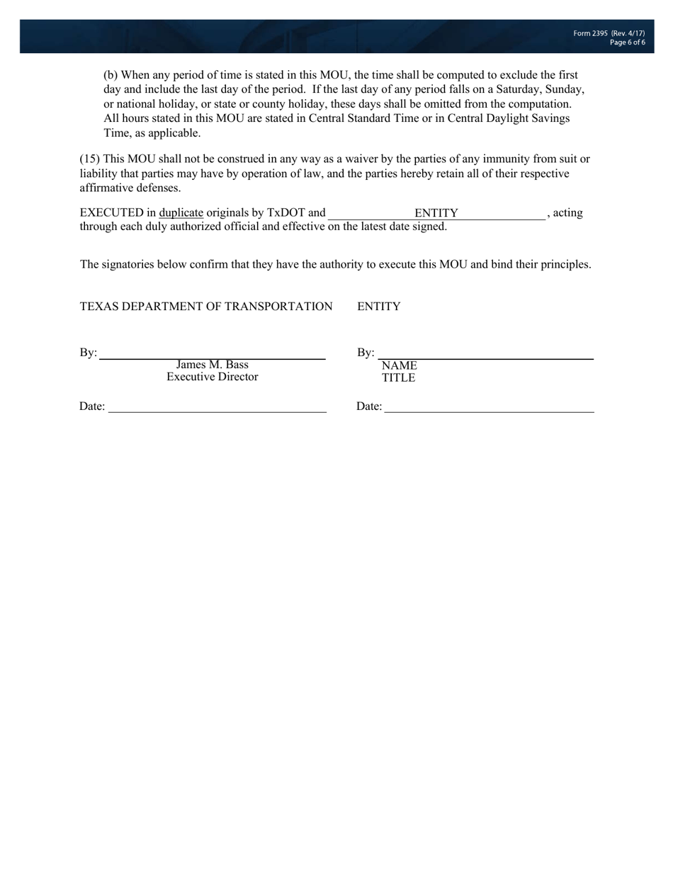 Form 2395 Memorandum of Understanding Regarding the Adoption of the Texas Department of Transportations Federally-Approved Disadvantaged Business - Texas, Page 6