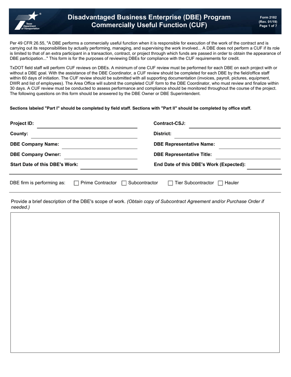 Form 2182 Dbe Program Commercially Useful Function (Cuf) - Texas, Page 1
