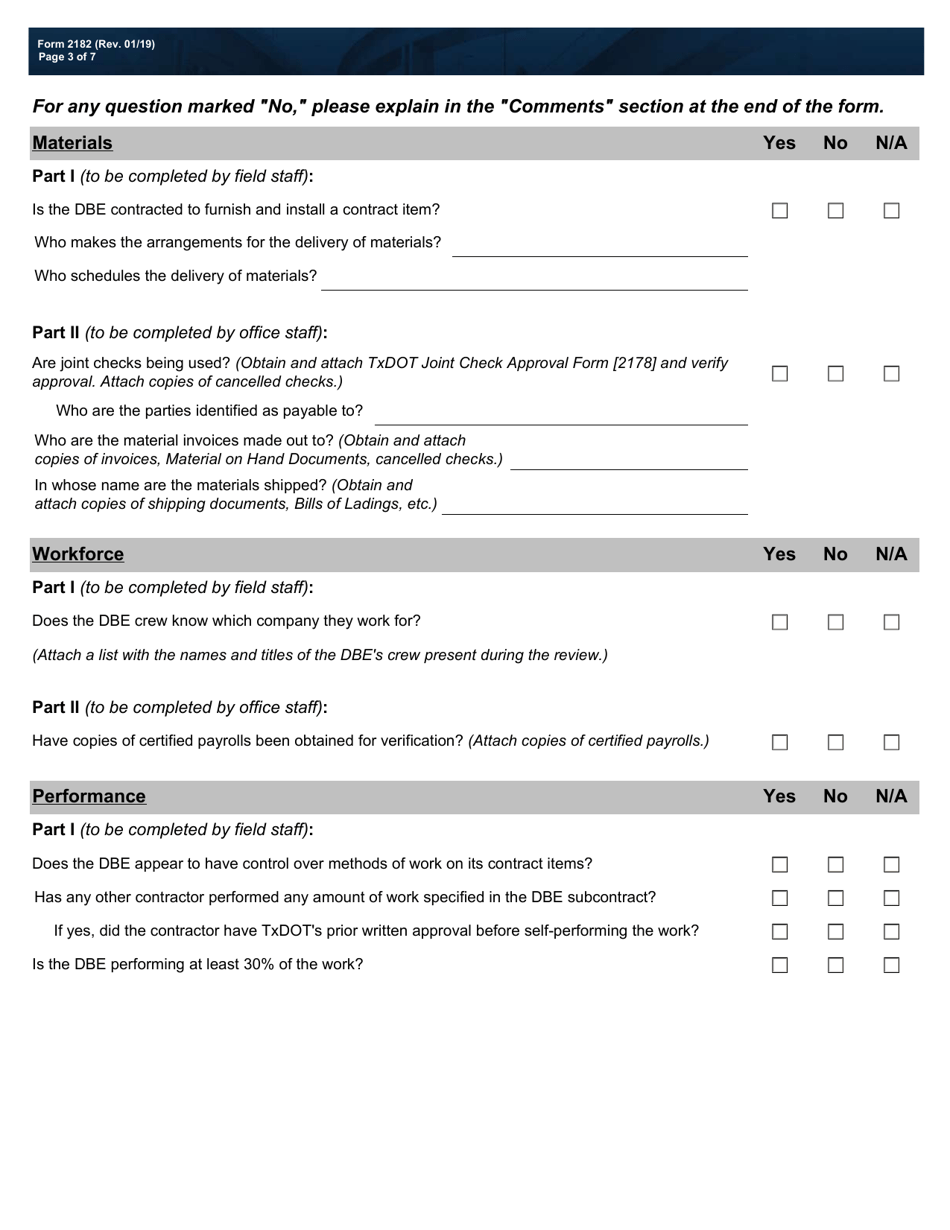 Form 2182 Dbe Program Commercially Useful Function (Cuf) - Texas, Page 3
