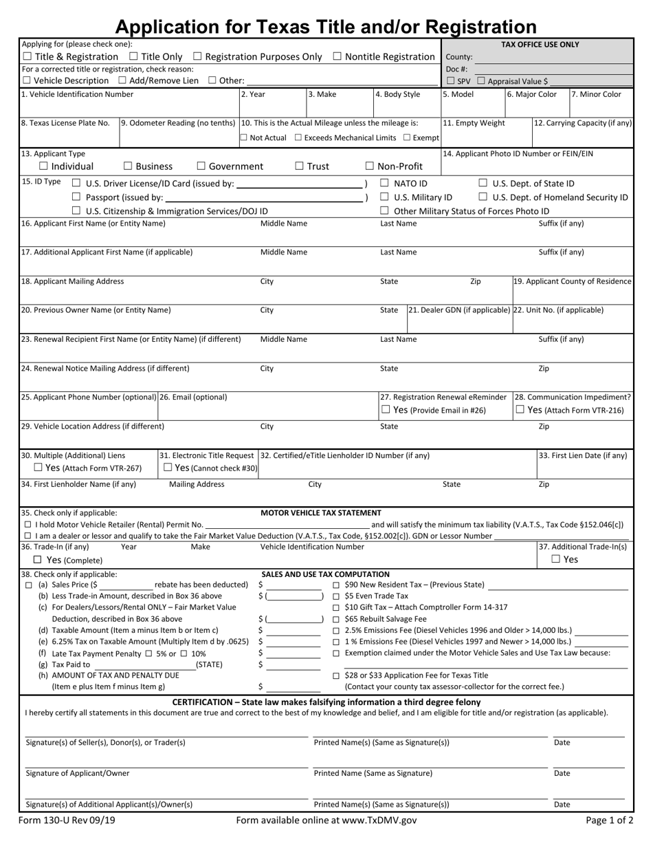 Form 130 U Download Fillable Pdf Or Fill Online Application For Texas Title And Or Registration Texas Templateroller