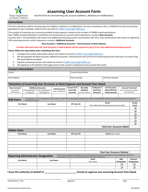 Elearning User Account Form - Texas Download Pdf