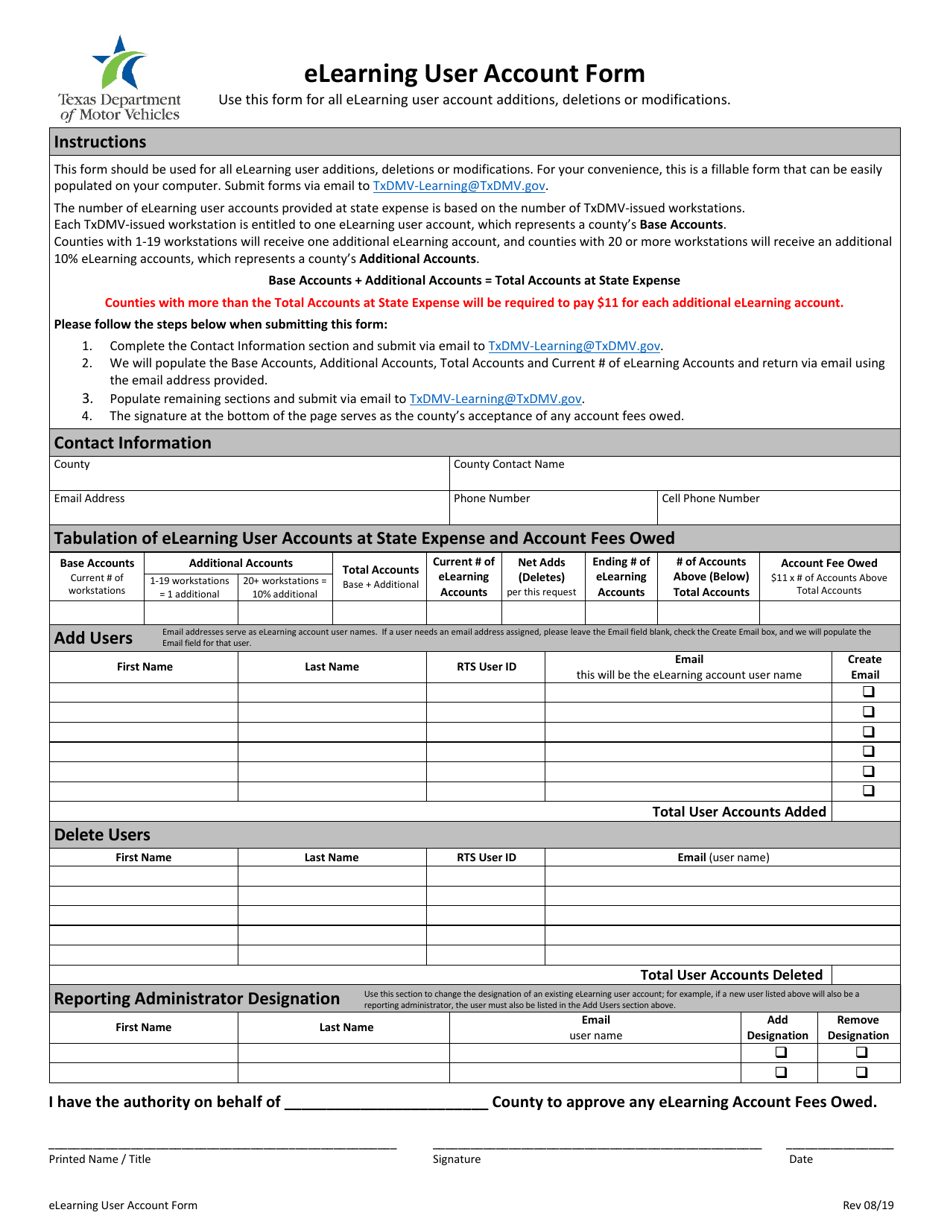 Elearning User Account Form - Texas, Page 1