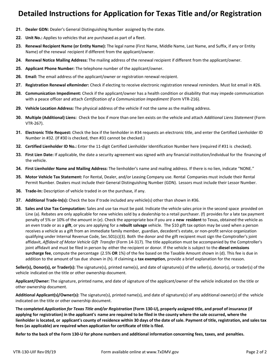 Instructions for Form VTR-130-U Application for Texas Title and / or Registration - Texas, Page 2