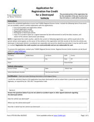 Document preview: Form VTR-50-A Application for Registration Fee Credit for a Destroyed Vehicle - Texas
