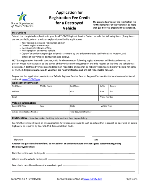 Form VTR-50-A Application for Registration Fee Credit for a Destroyed Vehicle - Texas