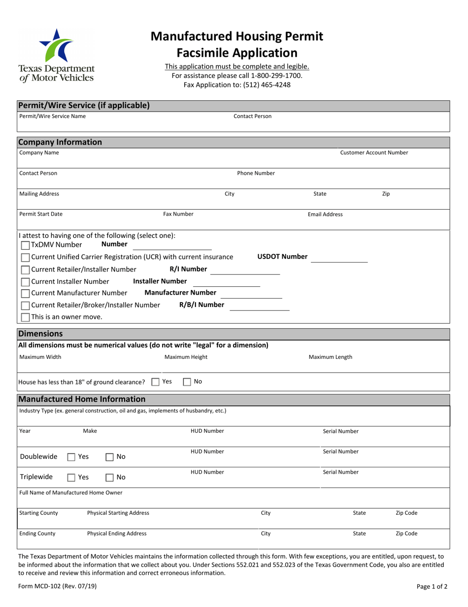 Form MCD-102 Manufactured Housing Permit Facsimile Application - Texas, Page 2