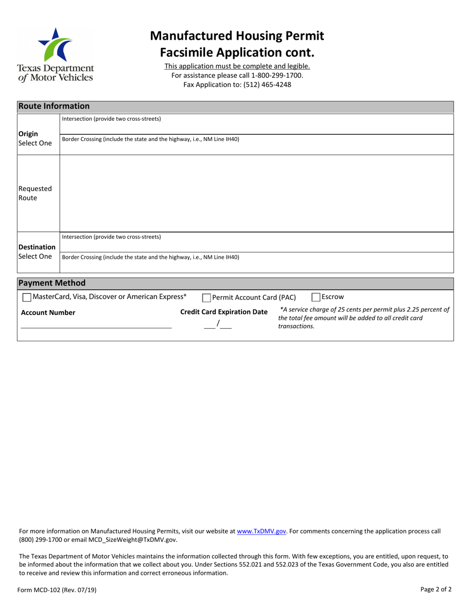 Form MCD-102 Manufactured Housing Permit Facsimile Application - Texas, Page 3