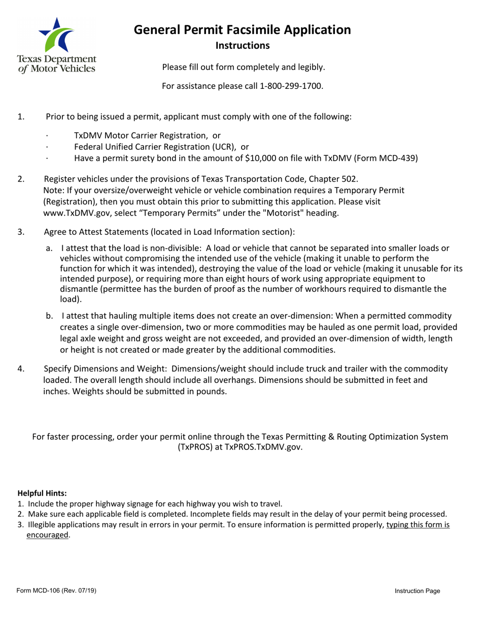 Form MCD-106 General Permit Facsimile Application - Texas, Page 1