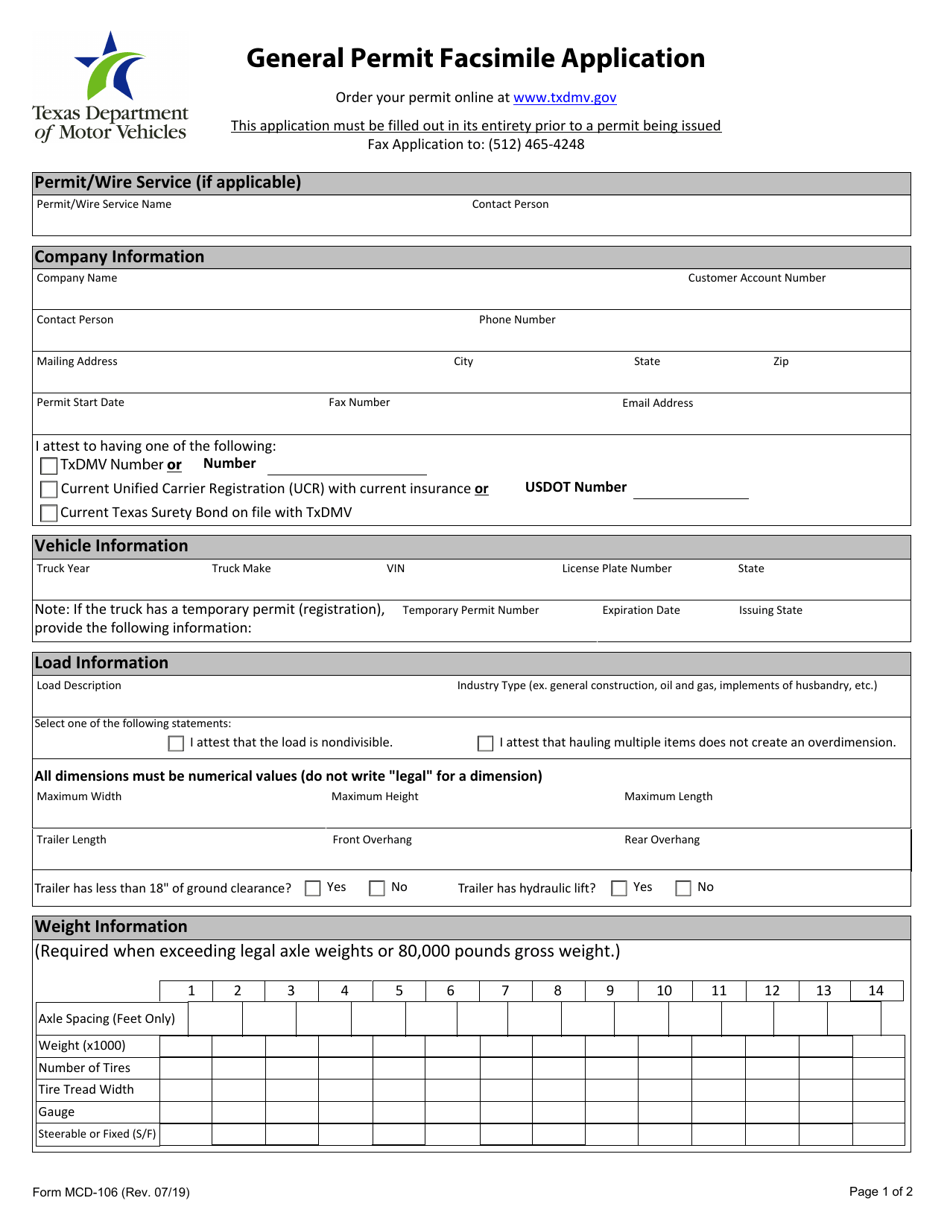 Form MCD-106 General Permit Facsimile Application - Texas, Page 2