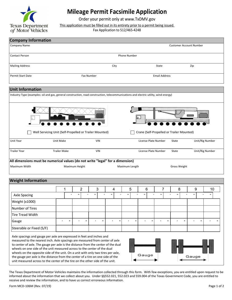 Form MCD-106M Mileage Permit Facsimile Application - Texas, Page 1