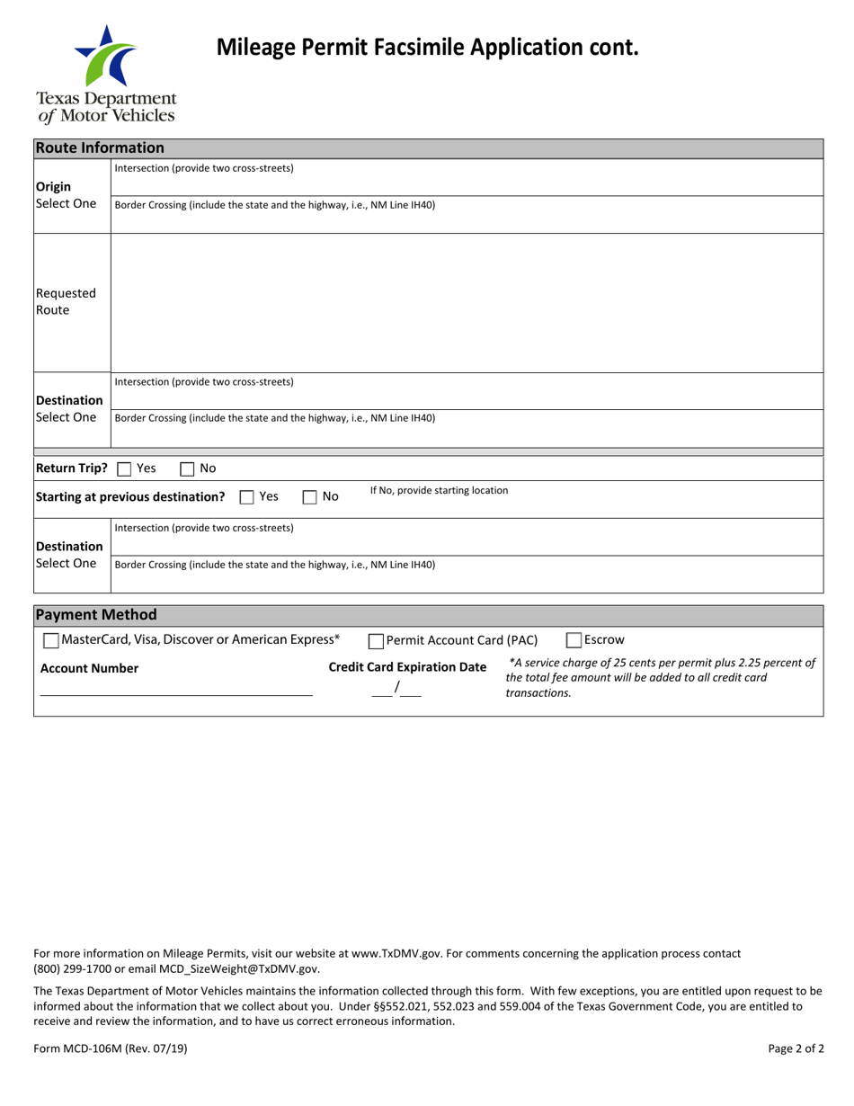 Form MCD-106M Download Fillable PDF or Fill Online Mileage Permit ...