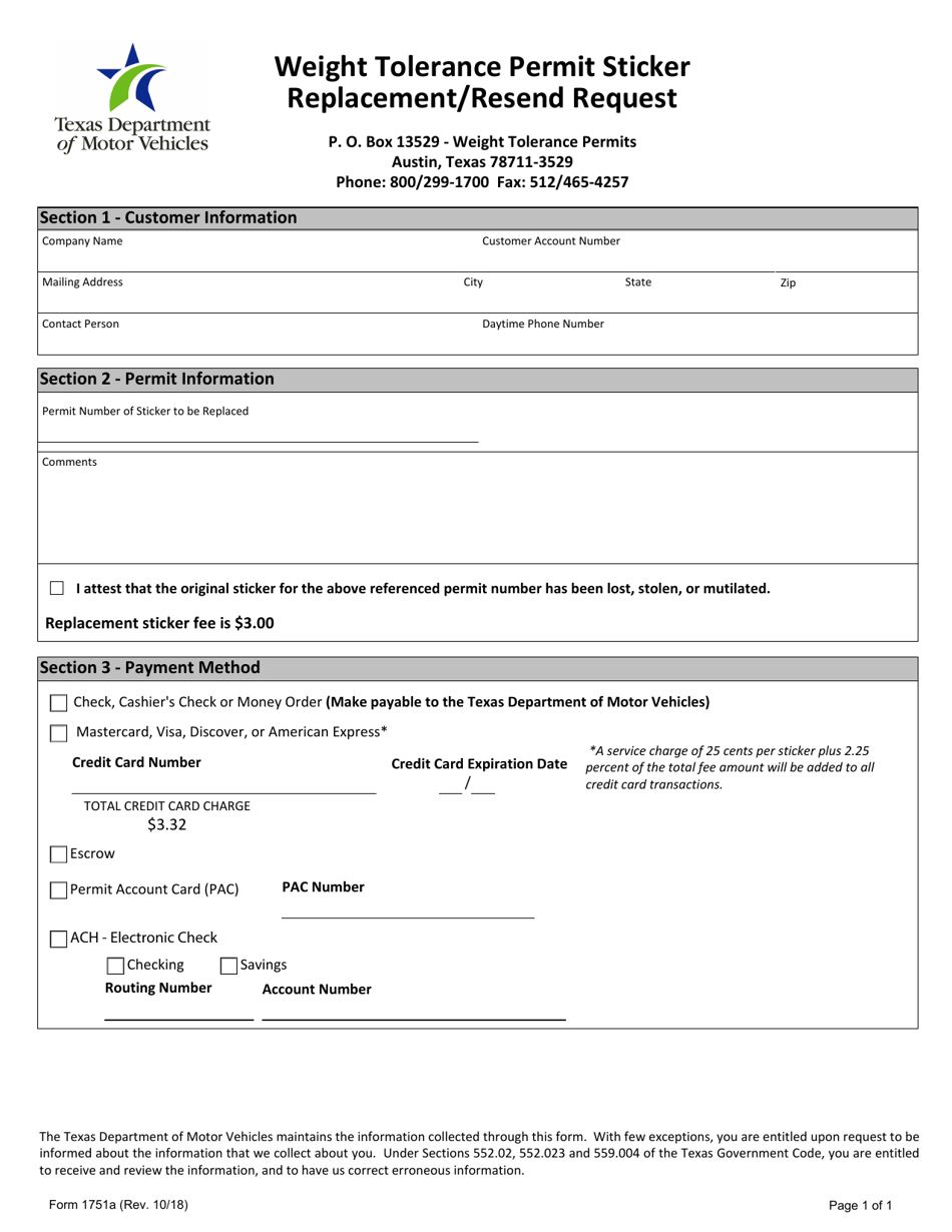 Form 1751A Weight Tolerance Permit Sticker Replacement / Resend Request - Texas, Page 1