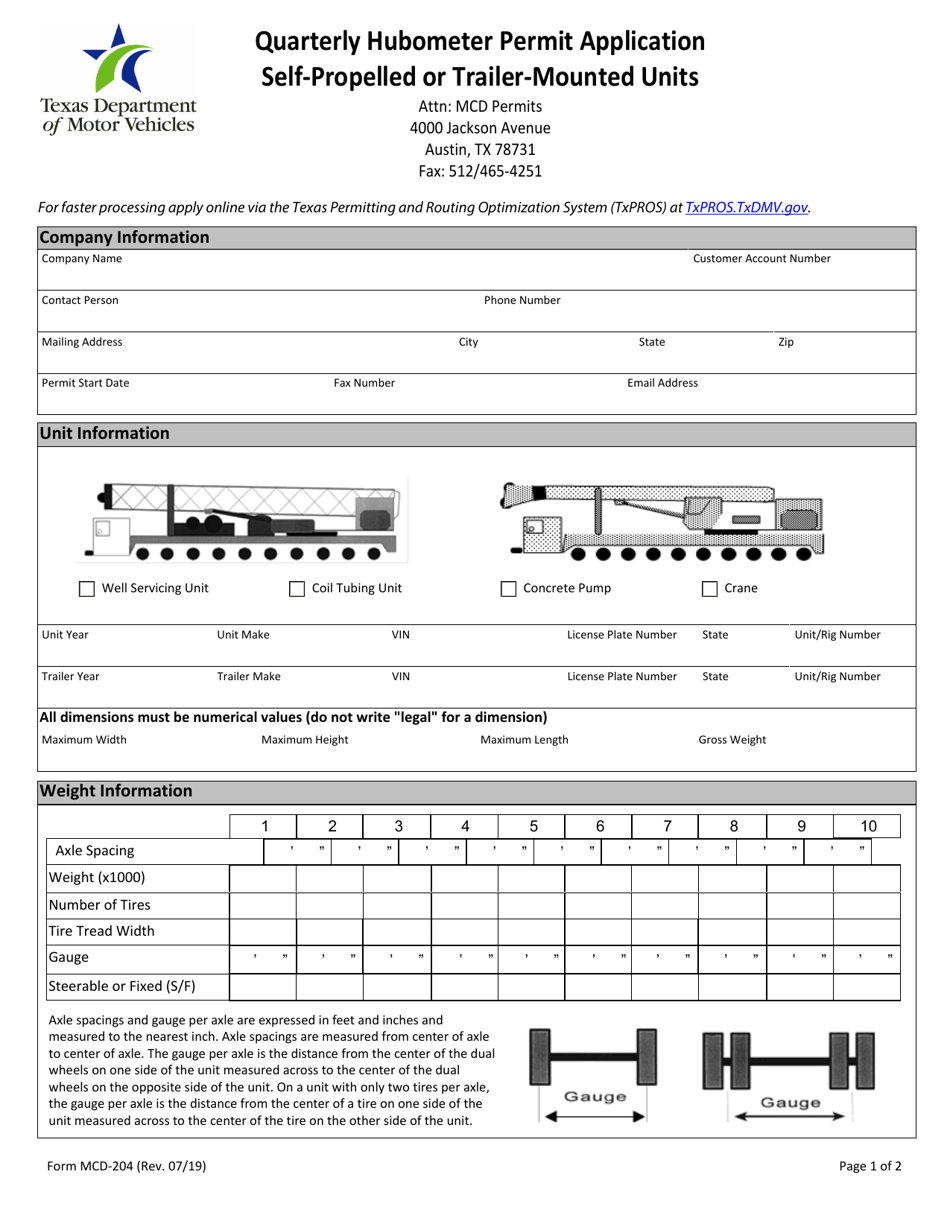 Form MCD-204 Quarterly Hubometer Permit Application - Self-propelled or Trailer-Mounted Units - Texas, Page 1