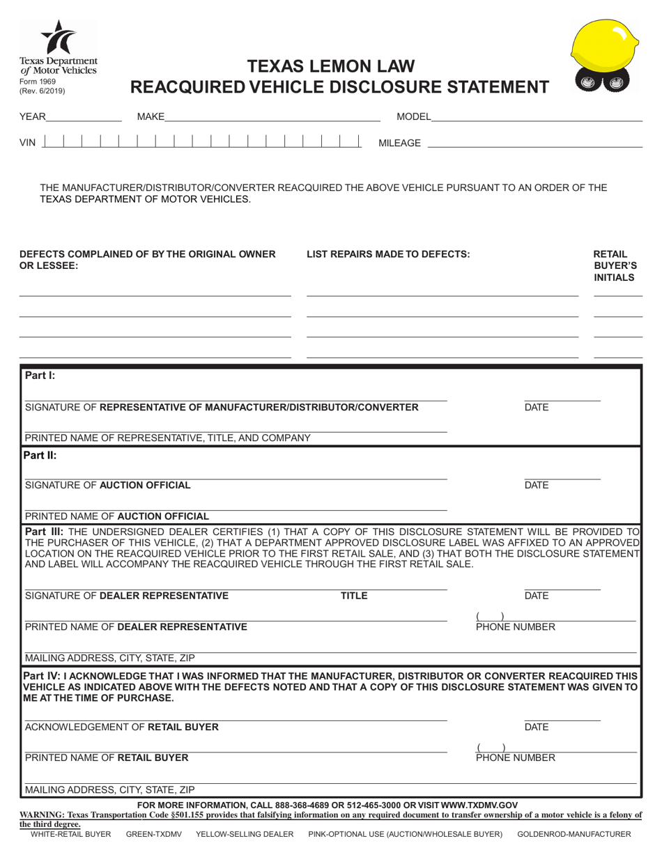 Form 1969 Texas Lemon Law Reacquired Vehicle Disclosure Statement - Texas, Page 1