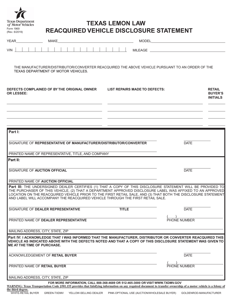 Form 1969 Texas Lemon Law Reacquired Vehicle Disclosure Statement - Texas, Page 7