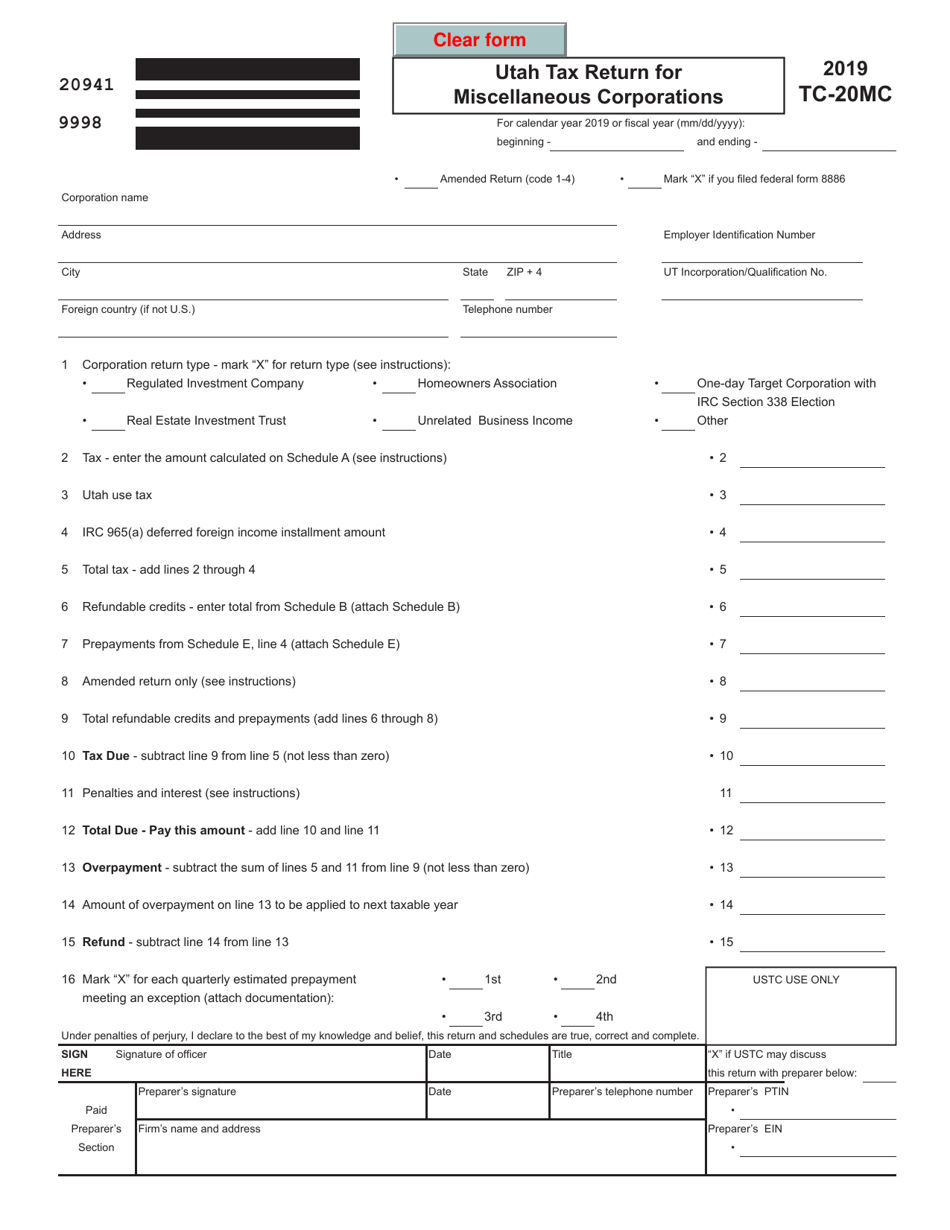 Form TC-20MC Utah Tax Return for Miscellaneous Corporations - Utah, Page 1