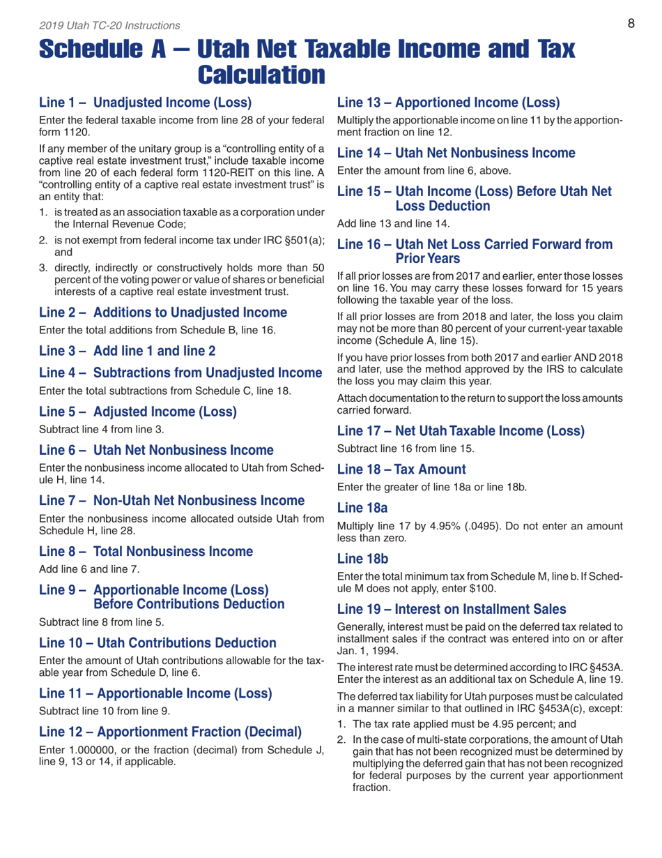 Instructions for Form TC-20 Utah Corporation Franchise and Income Tax Return - Utah, Page 10