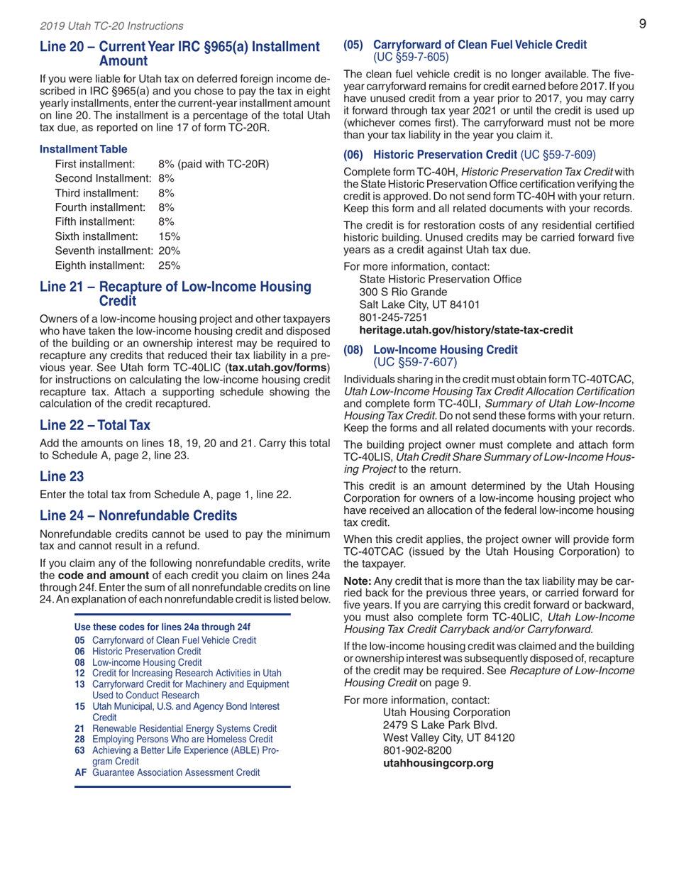 Instructions for Form TC-20 Utah Corporation Franchise and Income Tax Return - Utah, Page 11