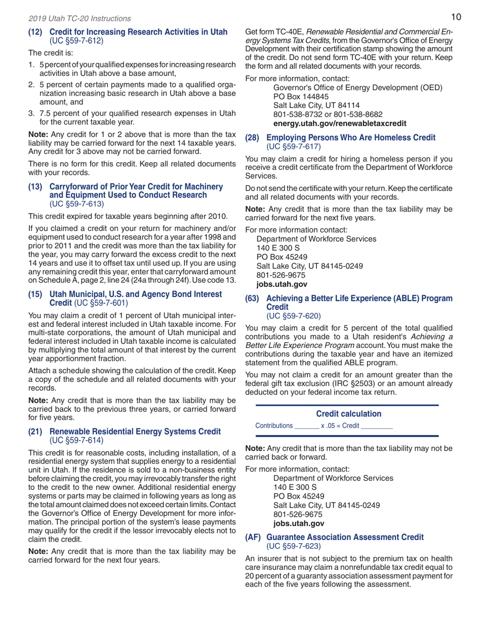 Instructions for Form TC-20 Utah Corporation Franchise and Income Tax Return - Utah, Page 12