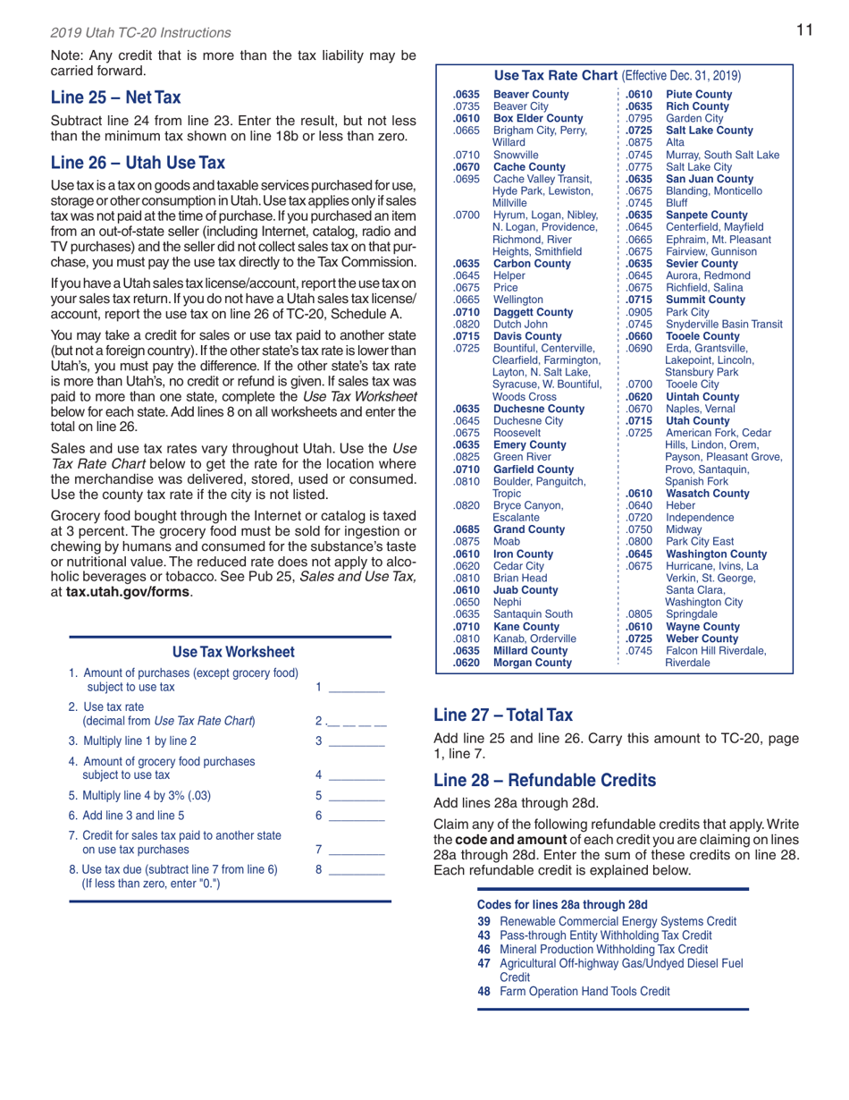 Instructions for Form TC-20 Utah Corporation Franchise and Income Tax Return - Utah, Page 13