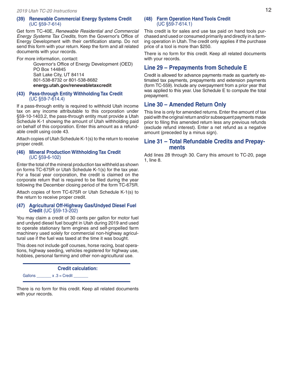 Instructions for Form TC-20 Utah Corporation Franchise and Income Tax Return - Utah, Page 14