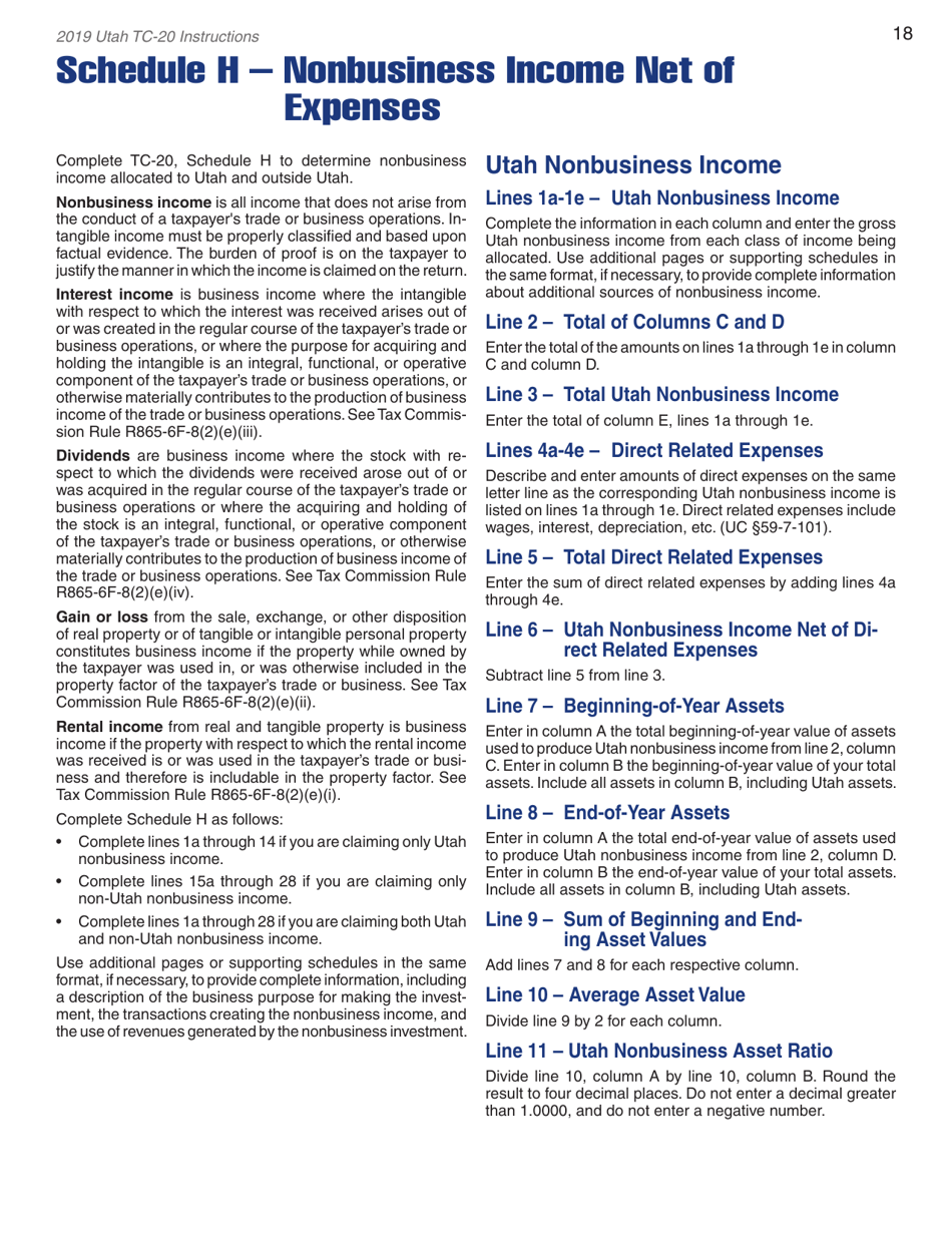 Instructions for Form TC-20 Utah Corporation Franchise and Income Tax Return - Utah, Page 20