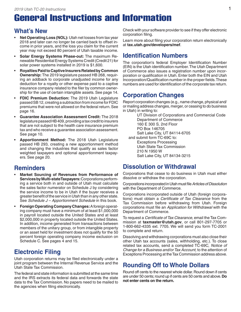 Instructions for Form TC-20 Utah Corporation Franchise and Income Tax Return - Utah, Page 3