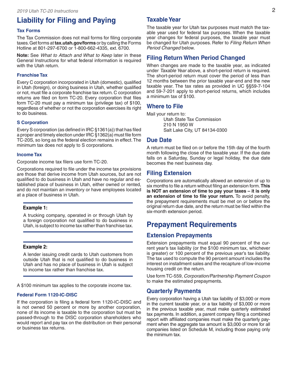 Instructions for Form TC-20 Utah Corporation Franchise and Income Tax Return - Utah, Page 4