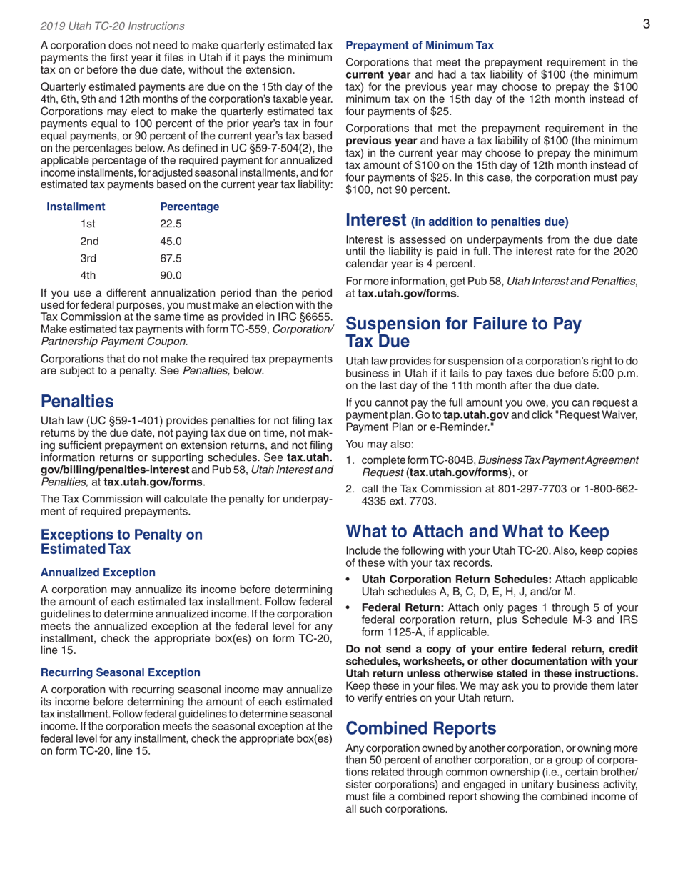 Instructions for Form TC-20 Utah Corporation Franchise and Income Tax Return - Utah, Page 5
