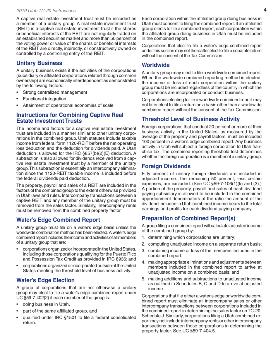 Instructions for Form TC-20 Utah Corporation Franchise and Income Tax Return - Utah, Page 6