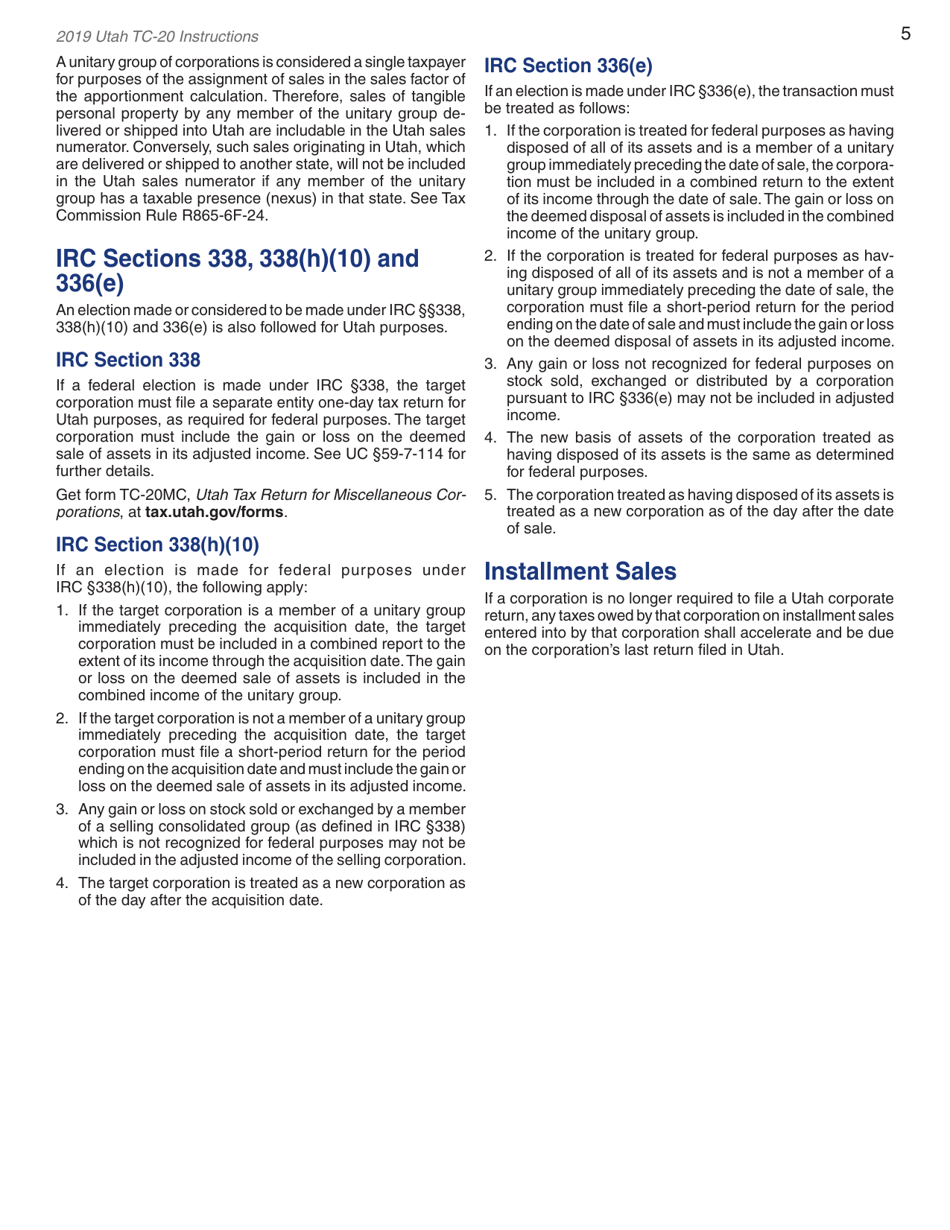 Instructions for Form TC-20 Utah Corporation Franchise and Income Tax Return - Utah, Page 7