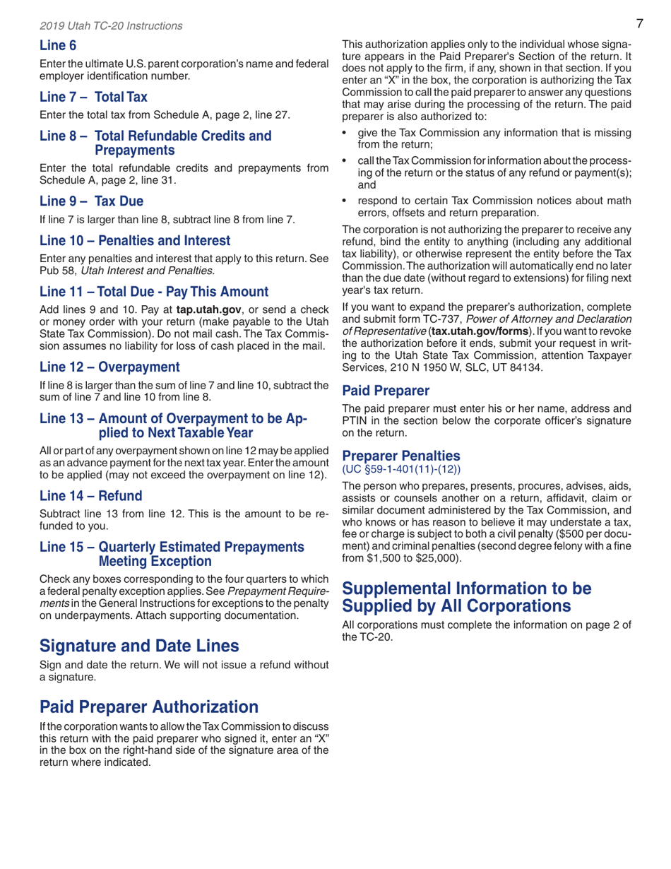 Instructions for Form TC-20 Utah Corporation Franchise and Income Tax Return - Utah, Page 9