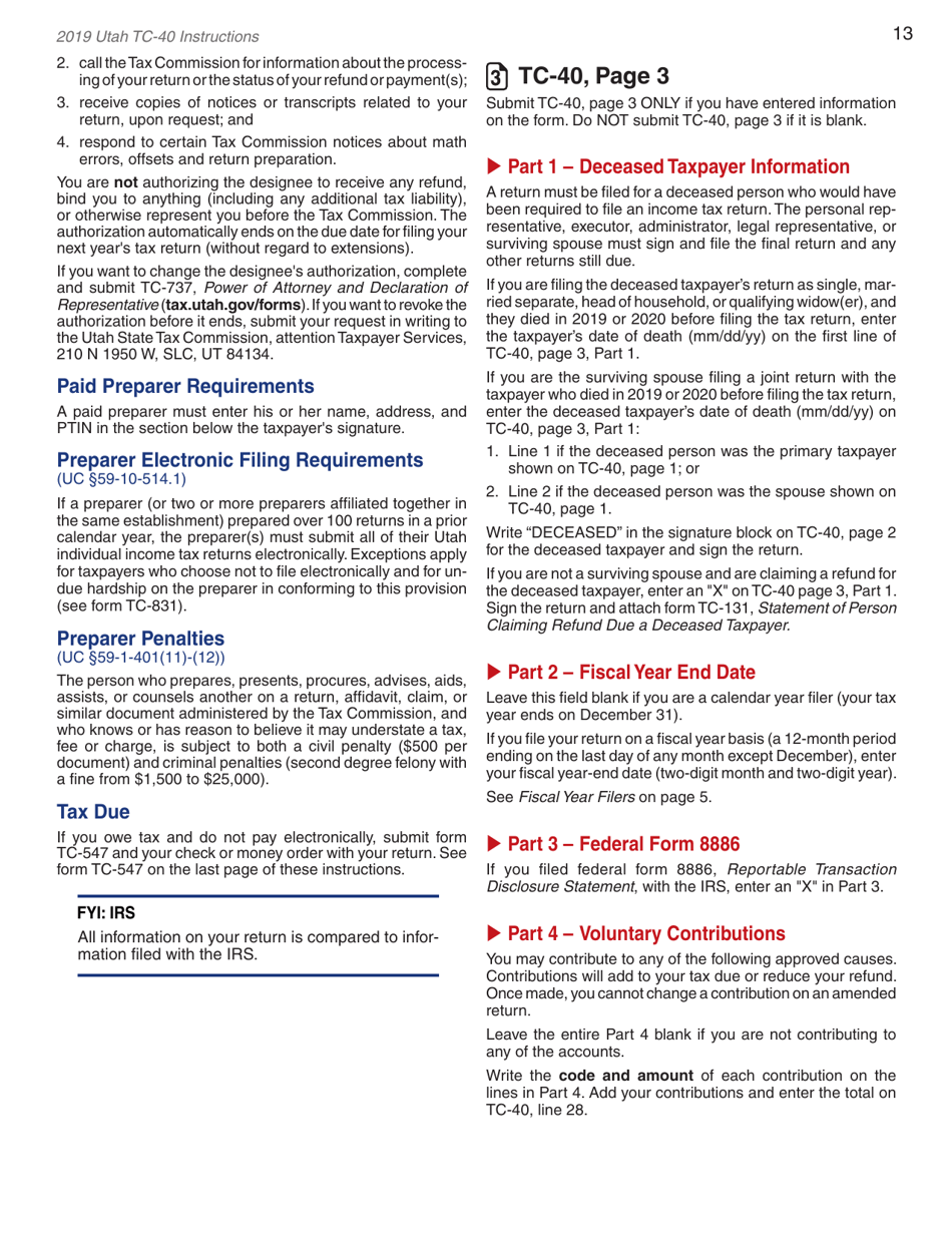 Instructions for Form TC-40 Utah Individual Income Tax Return - Utah, Page 15