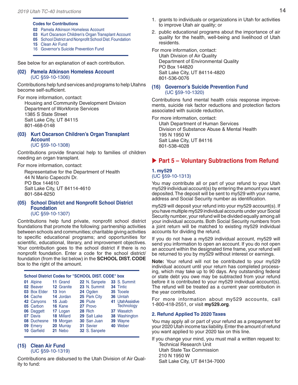 Instructions for Form TC-40 Utah Individual Income Tax Return - Utah, Page 16