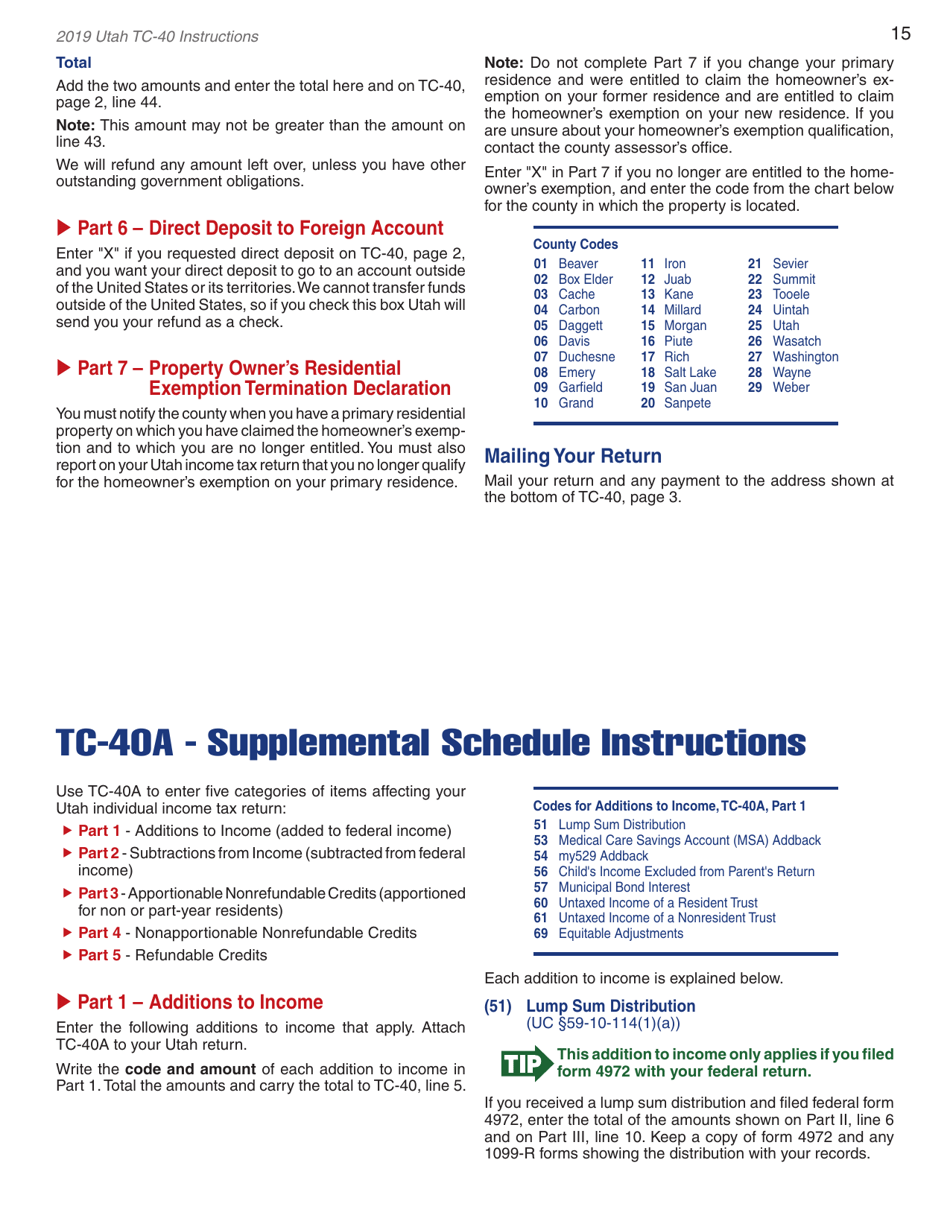 Instructions for Form TC-40 Utah Individual Income Tax Return - Utah, Page 17