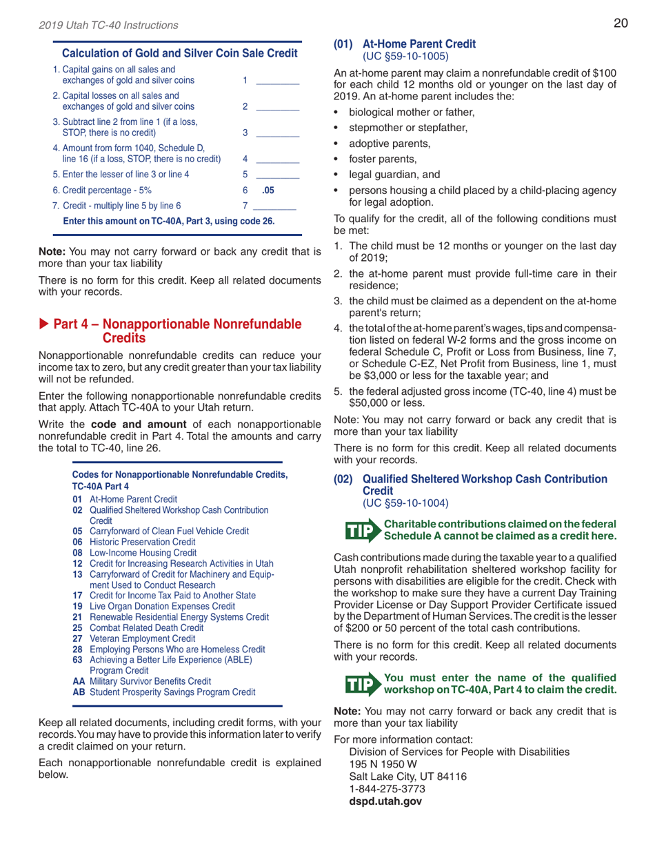 Instructions for Form TC-40 Utah Individual Income Tax Return - Utah, Page 22