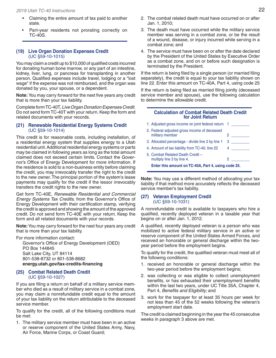 Instructions for Form TC-40 Utah Individual Income Tax Return - Utah, Page 24