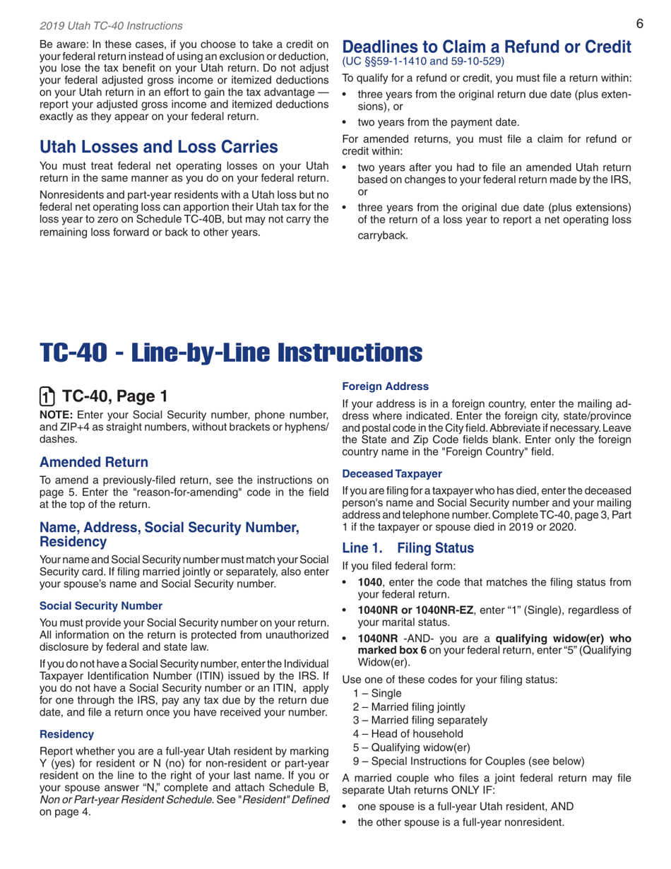 Instructions for Form TC-40 Utah Individual Income Tax Return - Utah, Page 8