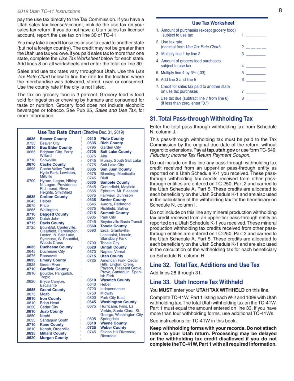 Instructions for Form TC-41 Utah Fiduciary Income Tax Return - Utah, Page 10