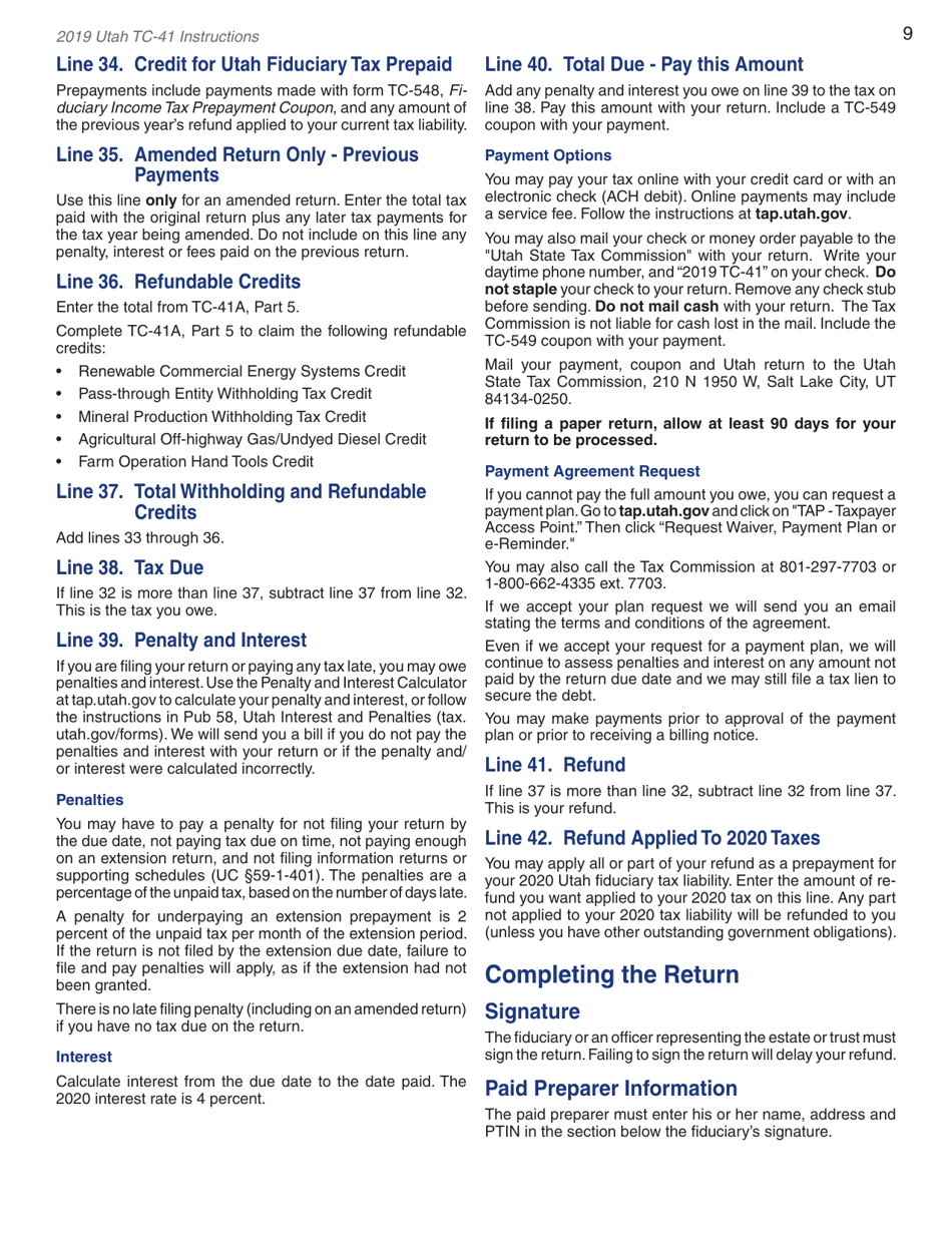 Instructions for Form TC-41 Utah Fiduciary Income Tax Return - Utah, Page 11