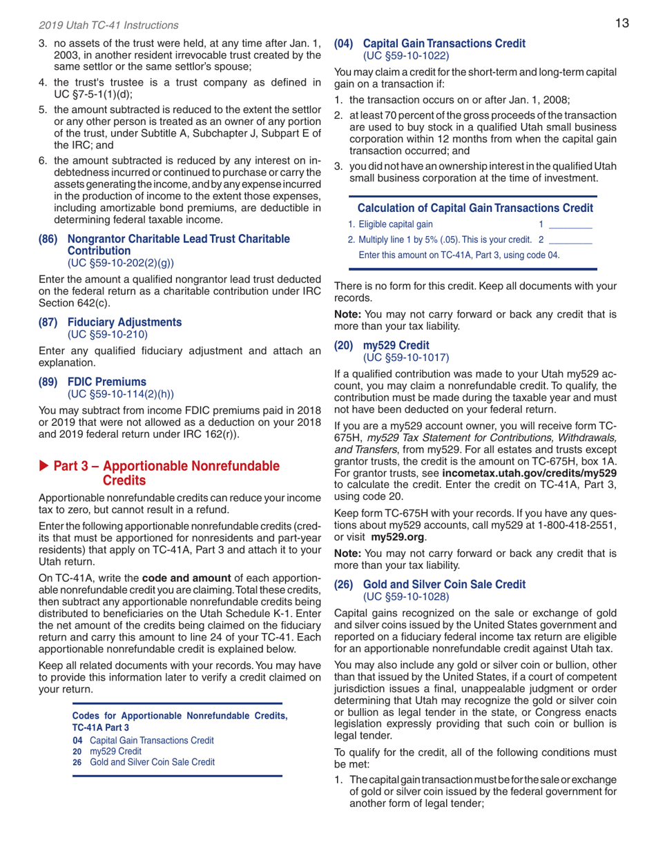 Instructions for Form TC-41 Utah Fiduciary Income Tax Return - Utah, Page 15