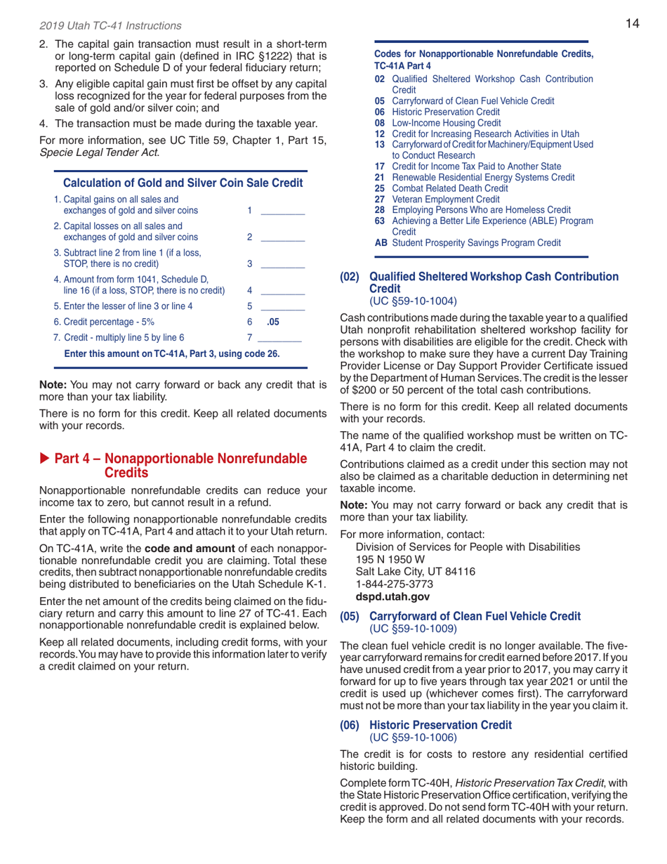 Instructions for Form TC-41 Utah Fiduciary Income Tax Return - Utah, Page 16